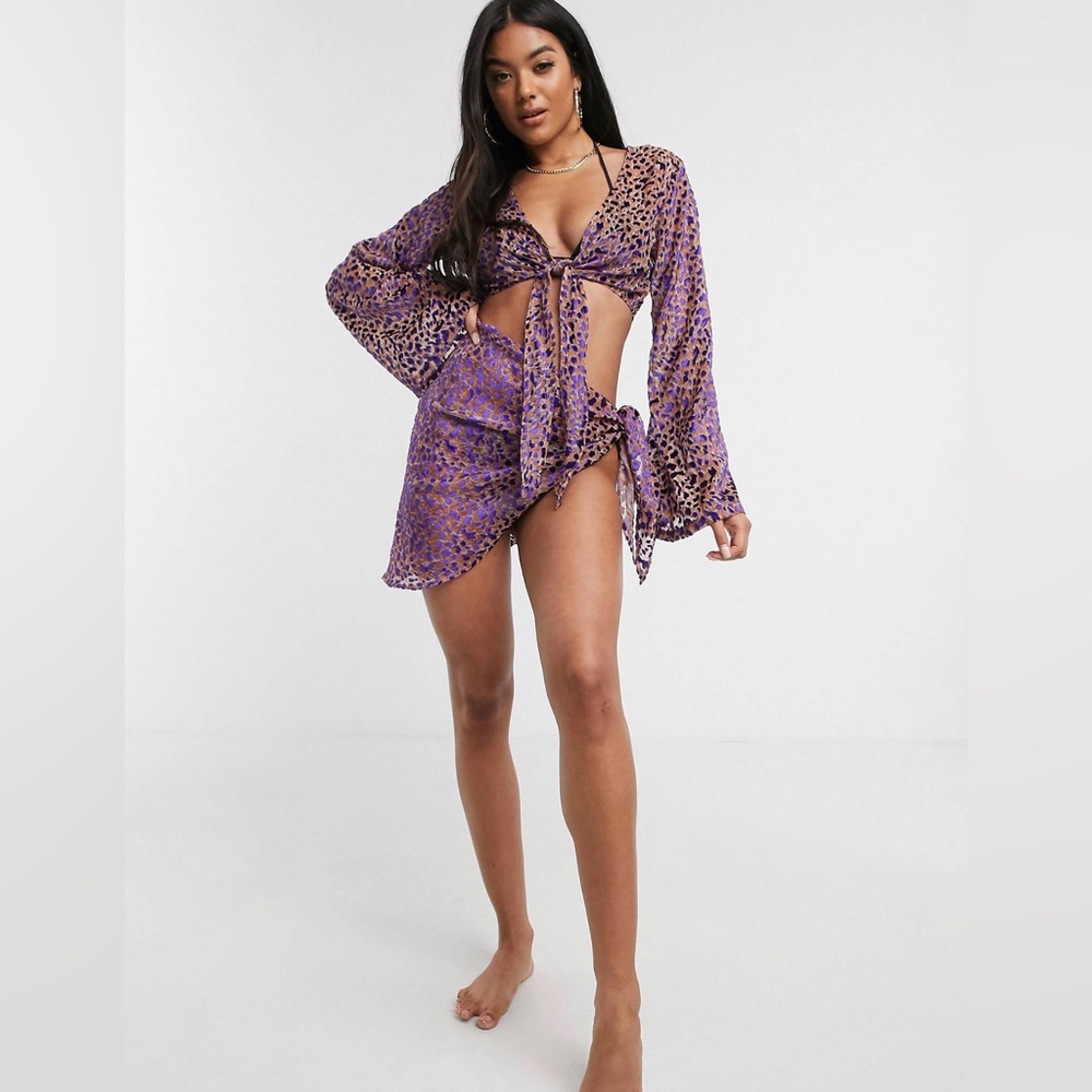 ASOS DESIGN tie front crop and waist beach animal print set